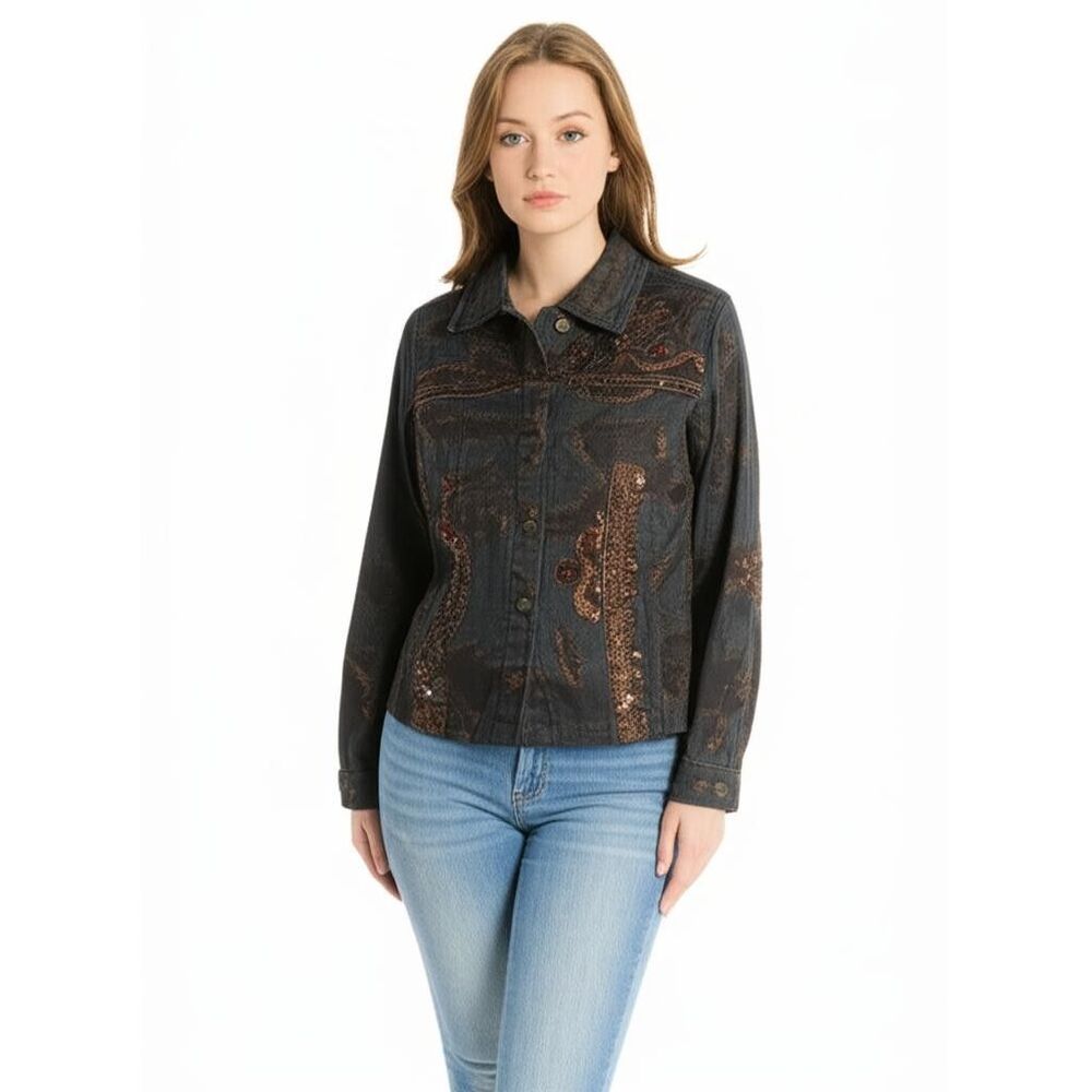 Chico's Women's Black Gold Floral Embroidered Sequin Denim Jacket Size 0-Small